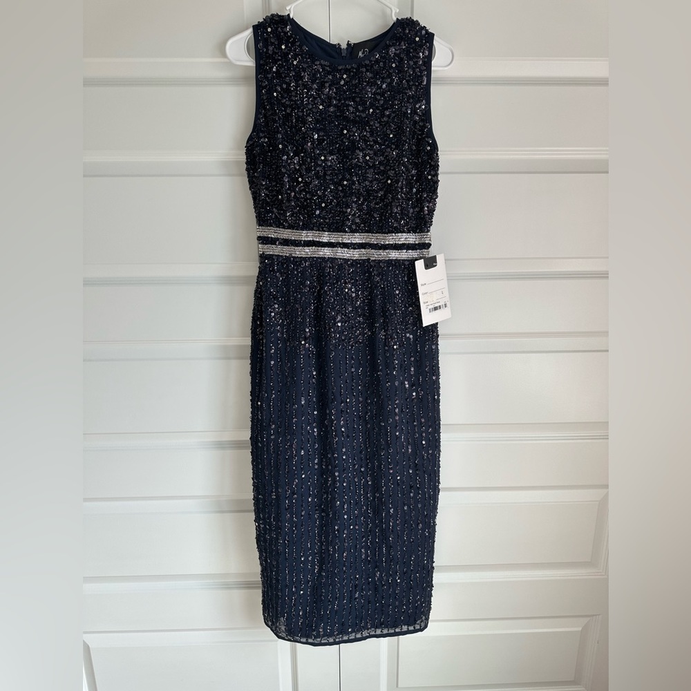 Mac‎ Duggal Beaded Sleeveless High Neck Midi Sheath Dress in Navy NWT - Picture 4 of 9